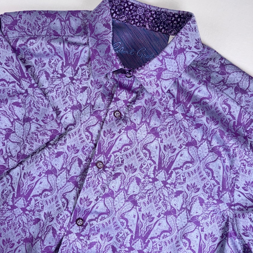 Robert Graham Shirt Mens M Purple Damask Floral Paisley Short Sleeve Classic Fit